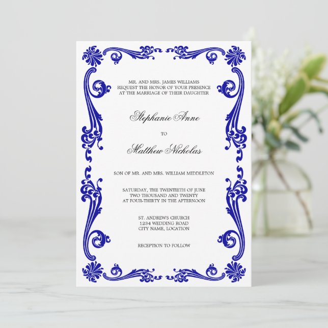 Cosmopolitan Royal Blue Flourish Swirls Wedding Invitation (Standing Front)