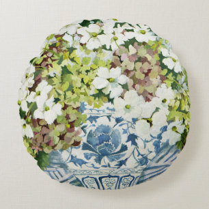 Cosmos and hydrangeas in a chinese vase 2013 round cushion