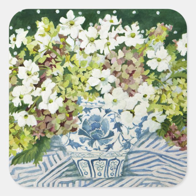 Cosmos and hydrangeas in a chinese vase 2013 square sticker (Front)