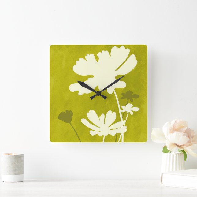 Cosmos Floral Silhouette Lime Green Summer Home  Square Wall Clock (Home)