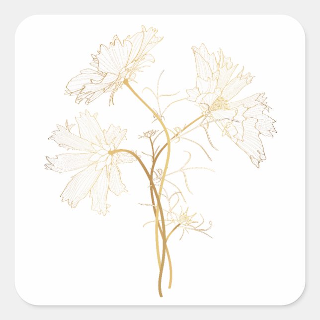 Cosmos flower drawings. Golden with line. Square Sticker (Front)