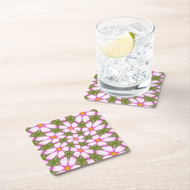 Cosmos Flowers Pattern Square Paper Coaster (Insitu)