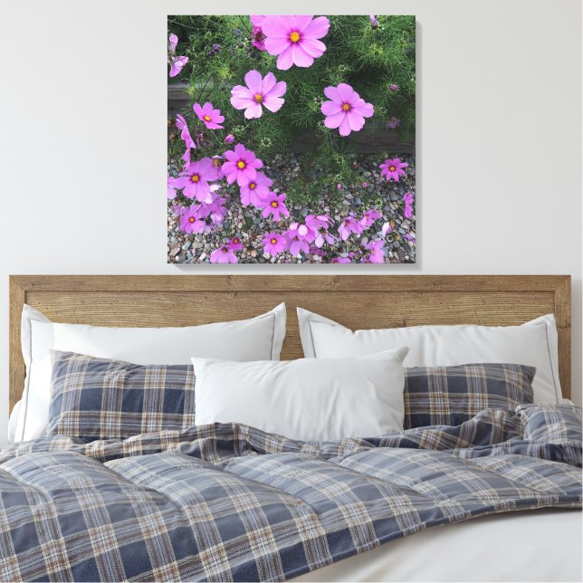 Cosmos flowers with pebbles on a canvas print (Insitu(Bedroom))