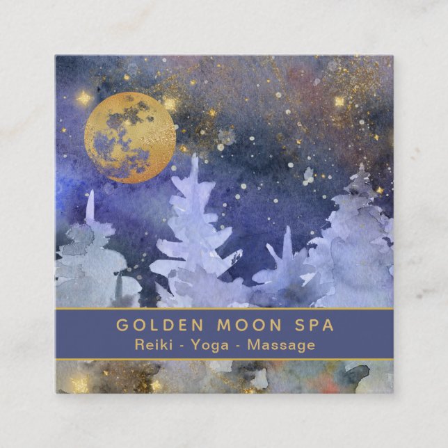 ** Cosmos Gold Moon Glitter Stars Pine Trees Square Business Card (Front)