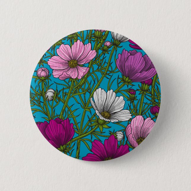 Cosmos mix on blue 6 cm round badge (Front)