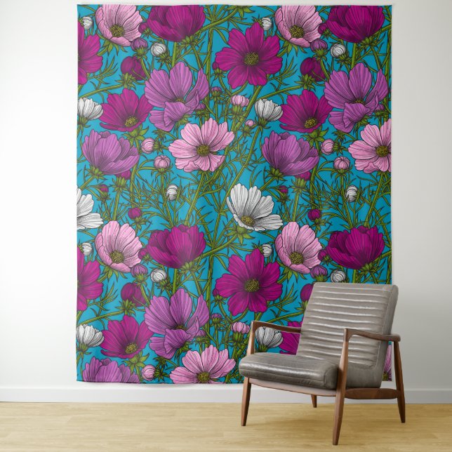 Cosmos mix on blue tapestry (In Situ)