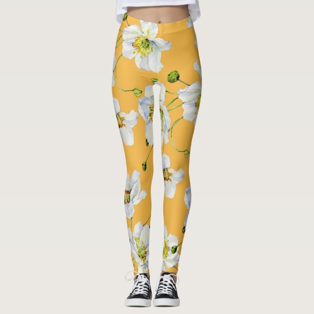 Cosmos, watercolor, seamless, floral pattern. leggings (Front)