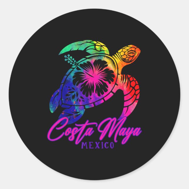 Costa Maya Mexico Tie Dye Sea Turtle Hibiscus Beac Classic Round Sticker (Front)