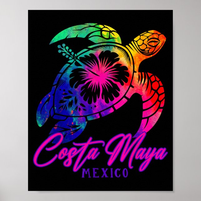 Costa Maya Mexico Tie Dye Sea Turtle Hibiscus Beac Poster (Front)