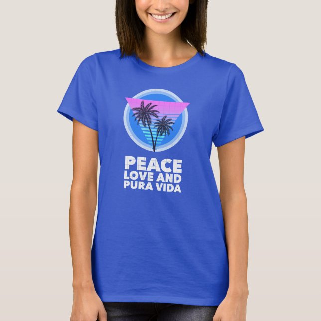Costa Rica 80's Peace Love and Pura Vida Palm Tree T-Shirt (Front)