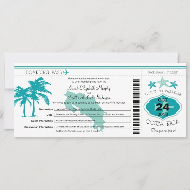 Costa Rica Boarding Pass Wedding Invitation (Front)