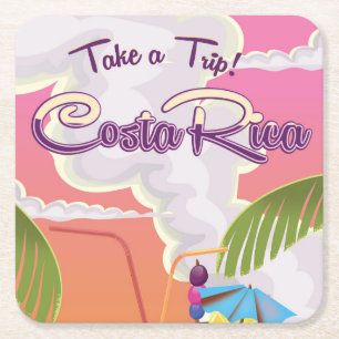 costa Rica Cartoon travel poster. Square Paper Coaster