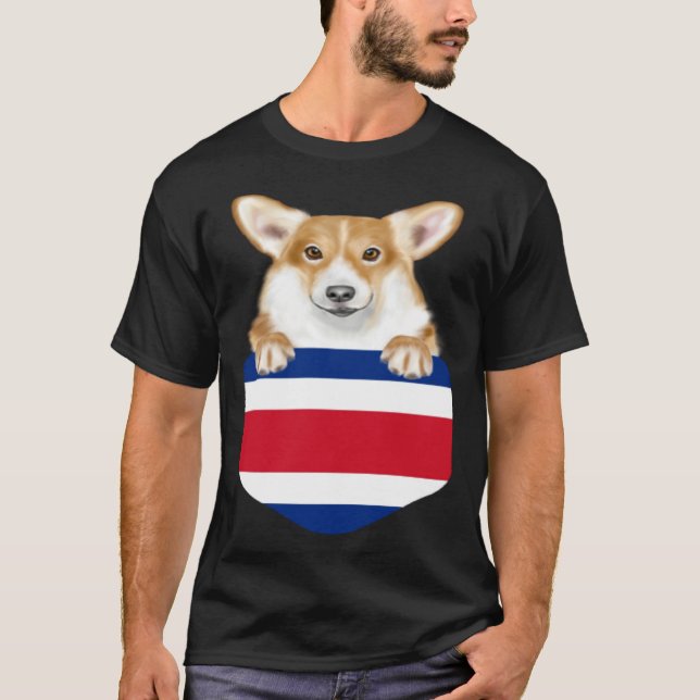 Costa Rica Flag Pembroke Welsh Corgi Dog In Pocket T-Shirt (Front)