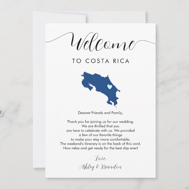 Costa Rica Map Wedding Welcome Letter Itinerary (Front)