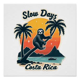 Costa Rica Sloth Vintage Sunset Travel Vector Shir Poster