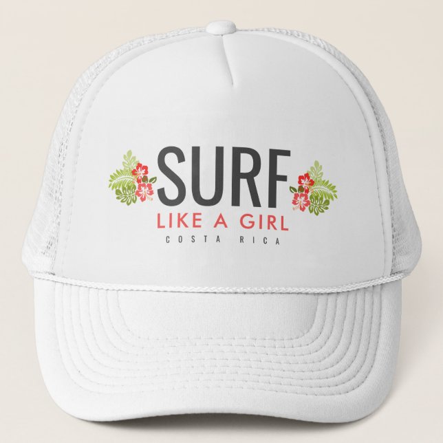 Costa Rica Surf Like a Girl Hibiscus Flower Trucker Hat (Front)