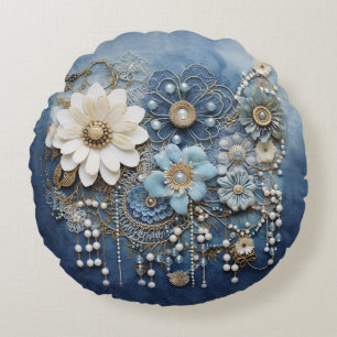 Costume jewellery on blue Denim Round Cushion