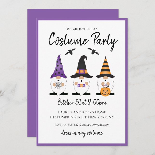 Costume Party Halloween Gnomes Purple Orange Invitation (Front/Back)