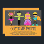 Costume Party Invitation<br><div class="desc">This design features four costumed children standing in front of a dark grey background and above an orange box that hosts your party details.</div>