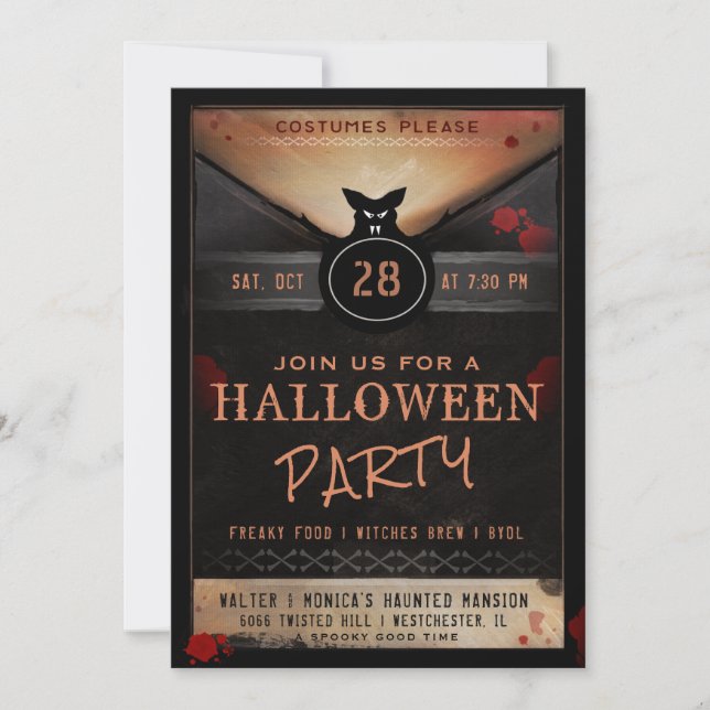 Costume Party Spooky Bat Halloween Party Invite (Front)