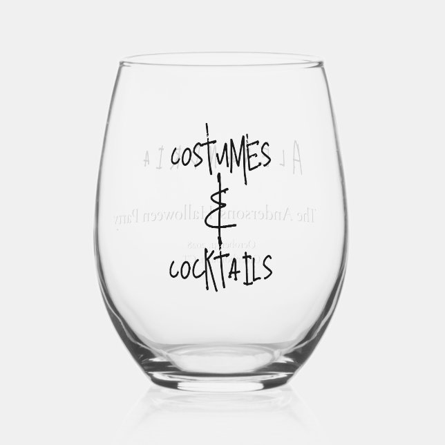Costumes and Cocktails Halloween Party Favour Stemless Wine Glass (Front)
