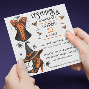 Costumes and Cocktails Orange and Black Halloween  Invitation