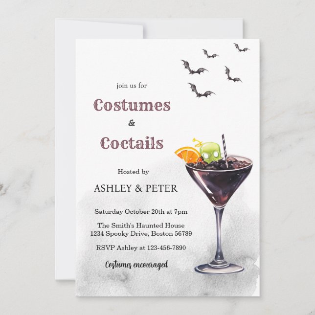 Costumes & Cocktail Adult Skull Halloween Party Invitation (Front)