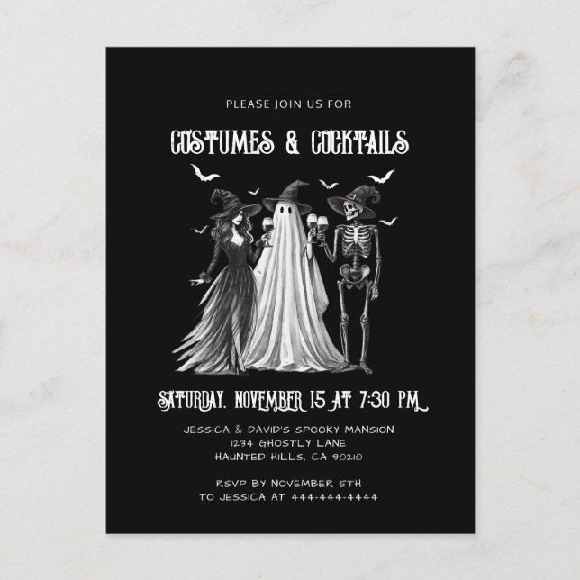 Costumes & Cocktails Black White Halloween Party Invitation Postcard (Front)