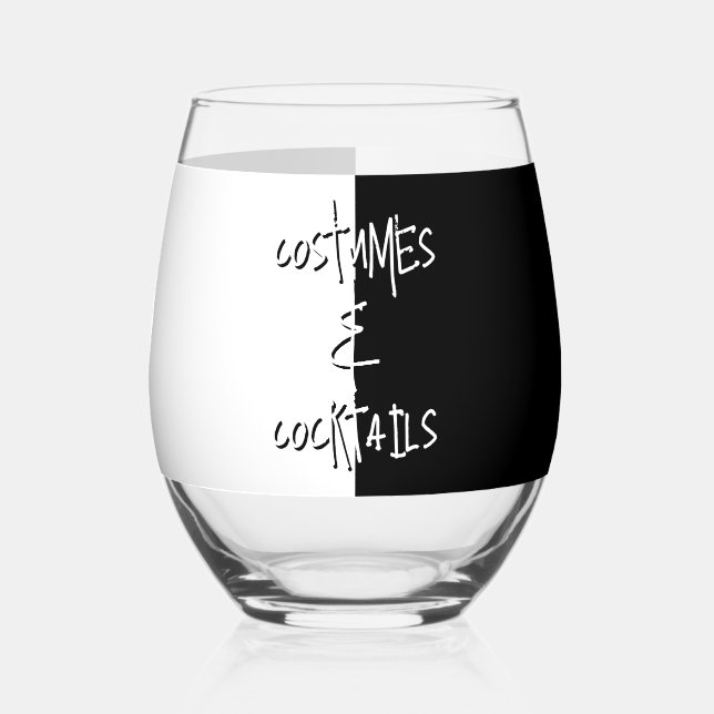 Costumes Cocktails Halloween Party Black White Stemless Wine Glass (Front)