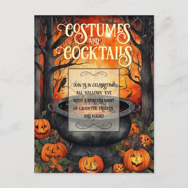 Costumes & Cocktails Halloween Party Watercolor  Invitation Postcard (Front)