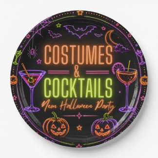 Costumes & Cocktails Neon Halloween Party Design Paper Plate