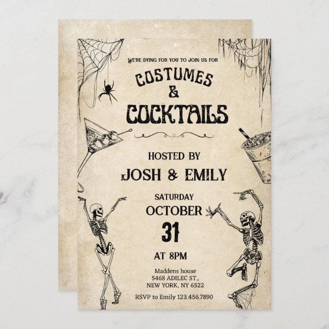 Costumes & Coctails Vintage skeletons Halloween Invitation (Front/Back)