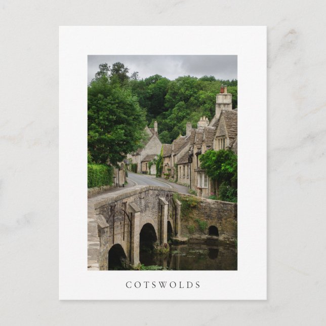Costwolds town Castle Combe white text postcard (Front)