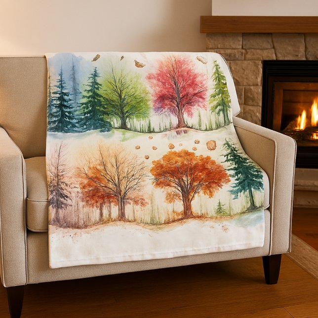 Cosy 4- Seasons Digital Watercolor  Fleece Blanket (AI image design by Susang6)