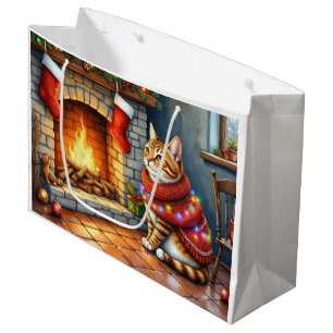 Cosy Abyssinian Cat by Fireplace Christmas Lights Large Gift Bag
