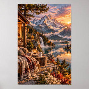 Cosy Alpine Cabin Lake Sunset Mountain Wall Art