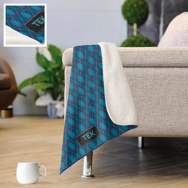 Cosy Argyll in Ocean Blue Shades - Add Initials to Sherpa Blanket (Creator Uploaded)