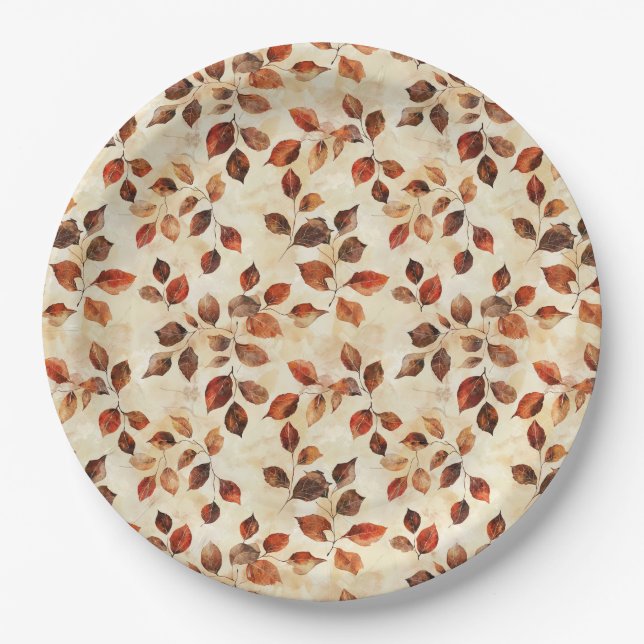 Cosy Autumn Aesthetic Fall Leaves Pattern Paper Plate (Front)