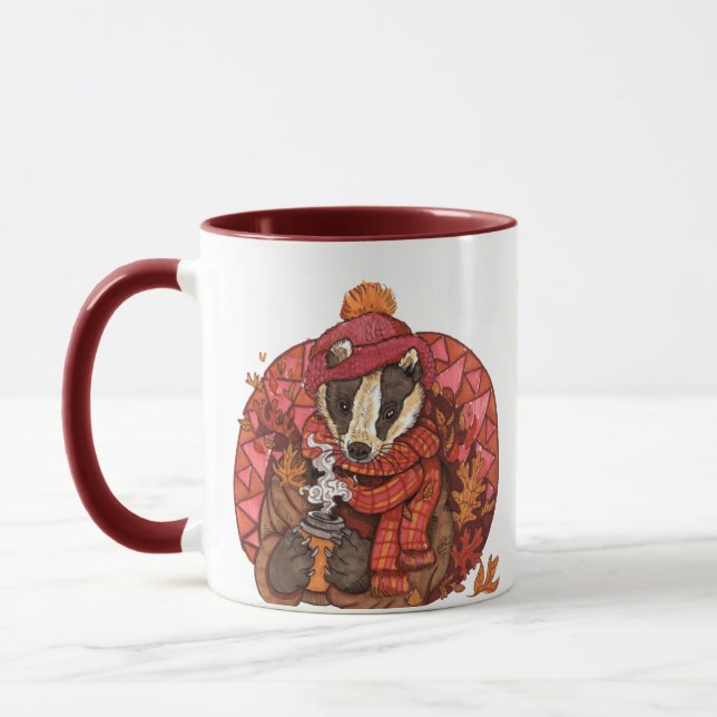 Cosy Autumn Badger Art Mug (Left)