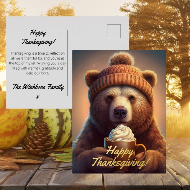 Cosy Autumn Bear Woodland Thanksgiving Foil Holiday Postcard (Happy Thanksgiving postcard greeting card gratitude thanks brown bear real foil heartfelt pumpkin)