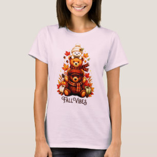 Cosy Autumn Bears Stacked Fall Leaves & Pumpkins G T-Shirt