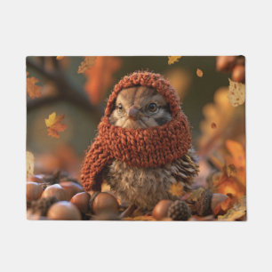 Cosy Autumn Bird in a Knitted Scarf Doormat