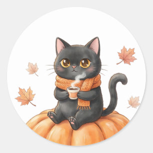 Cosy Autumn Black Cat Kawaii Pumpkin Spice Latte Classic Round Sticker