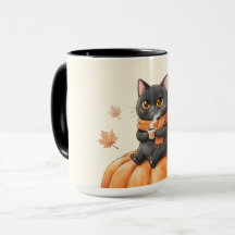 Cosy Autumn Black Cat Kawaii Pumpkin Spice Latte 