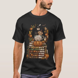Cosy Autumn Cat Dog Pumpkin Books T-Shirt