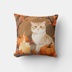 Cosy Autumn Cat & Pumpkin Spice Neutral Colours Cushion