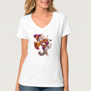 Cosy Autumn Cat Violin Women's V-Neck Tee