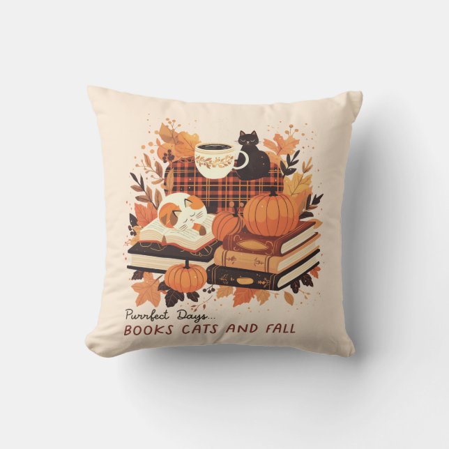Cosy Autumn Cats & Books Throw Pillow – Fall Decor (Front)