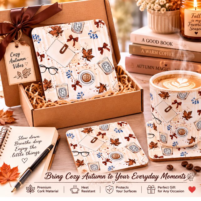Cosy Autumn Coffee & Books Cork Coaster | Rustic F (Creator Uploaded)