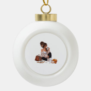 Cosy Autumn Coffee Girl Fall Aesthetic Art Ceramic Ball Christmas Ornament
